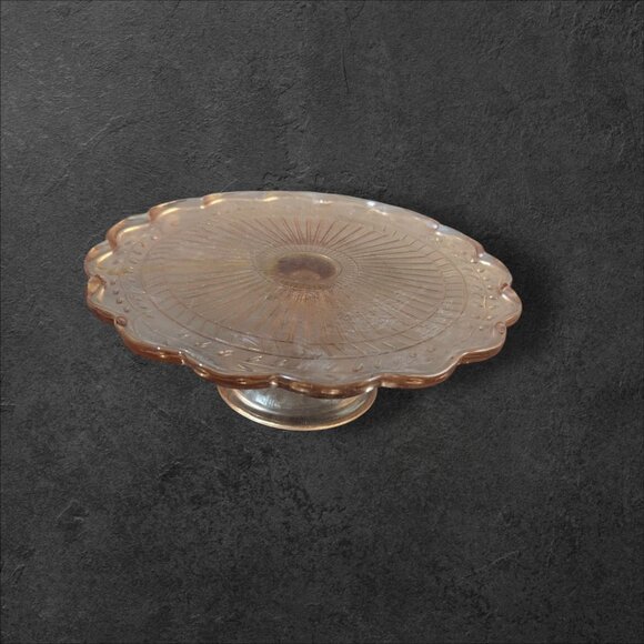 Vintage Pink Depression Glass Cake Stand With Scalloped Edges & Floral Design 9" - Picture 5 of 9